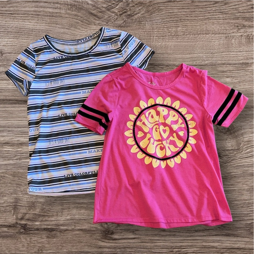 Girls Justice Pink Graphic Tee and Blue Striped Tee Set, size 12
